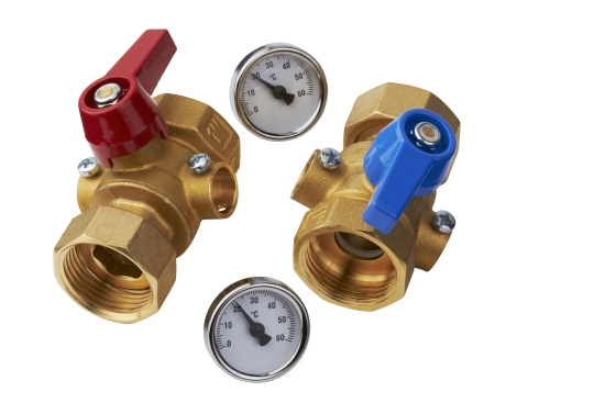 Avst�ngningsventil sats, med termometer  0-60�, R25, m�ssing