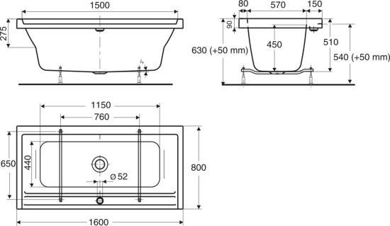 Seven D, Badkar, vit, 1600mm, sanitetsakryl