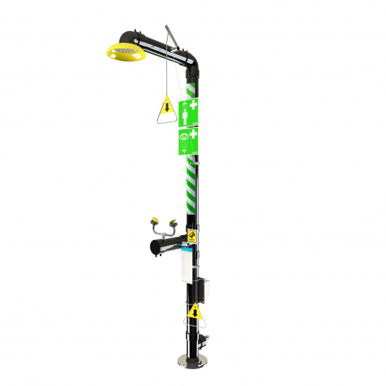 N�ddusch, frist�ende/v�ggmodell, gul/svart med gr�n/vit stripe, isolerad med PEH plastr�r